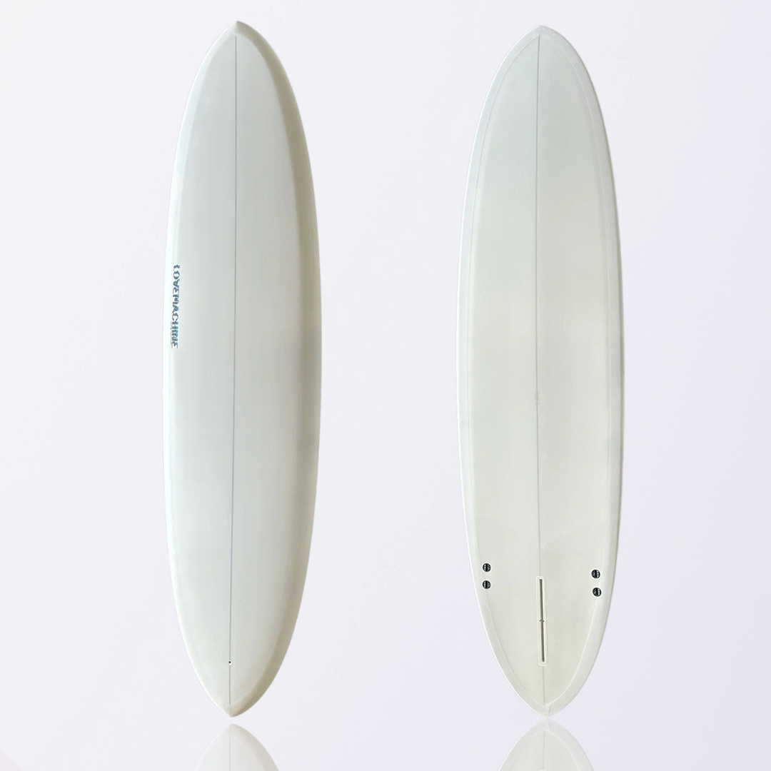 Ryan Lovelace Lovemachine Thick Lizzy mini-glider surfboard, full board view, showing refined outline and tri-plane bottom.