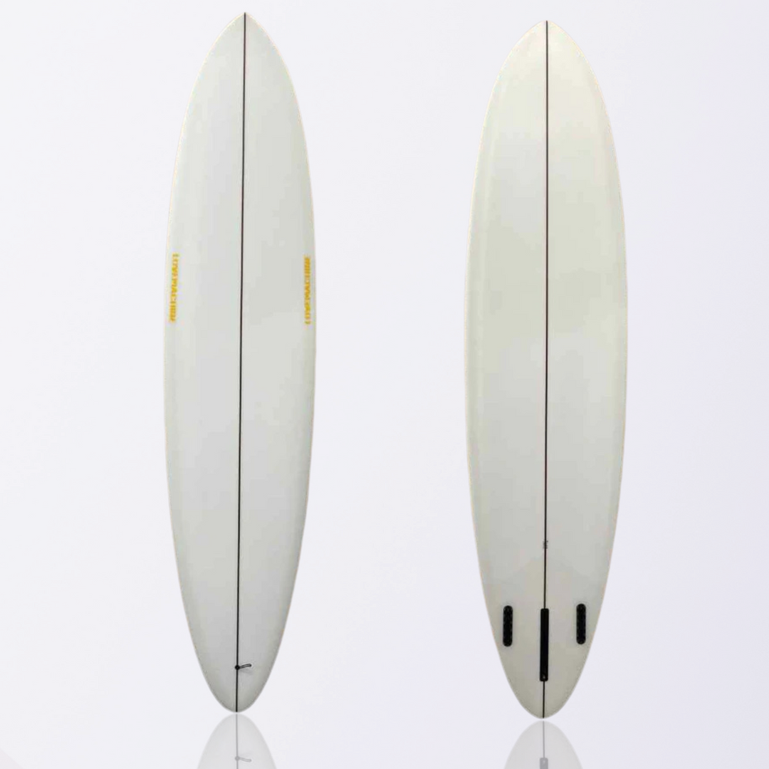 Ryan Lovelace Evening Star mid-length surfboard, full profile view.