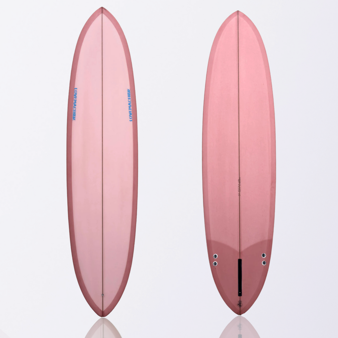 Ryan Lovelace Lovemachine Thick Lizzy mini-glider surfboard, full resin tint in dusty pink, showing refined outline and tri-plane bottom.