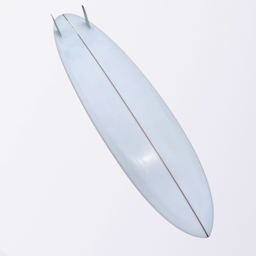 Ryan Lovelace Lovemachine Evening Star surfboard, twin fin setup, full board image.