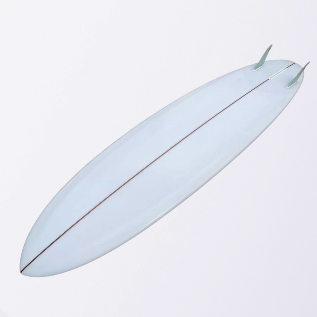 Ryan Lovelace Lovemachine Evening Star surfboard, twin fin setup, full board image.