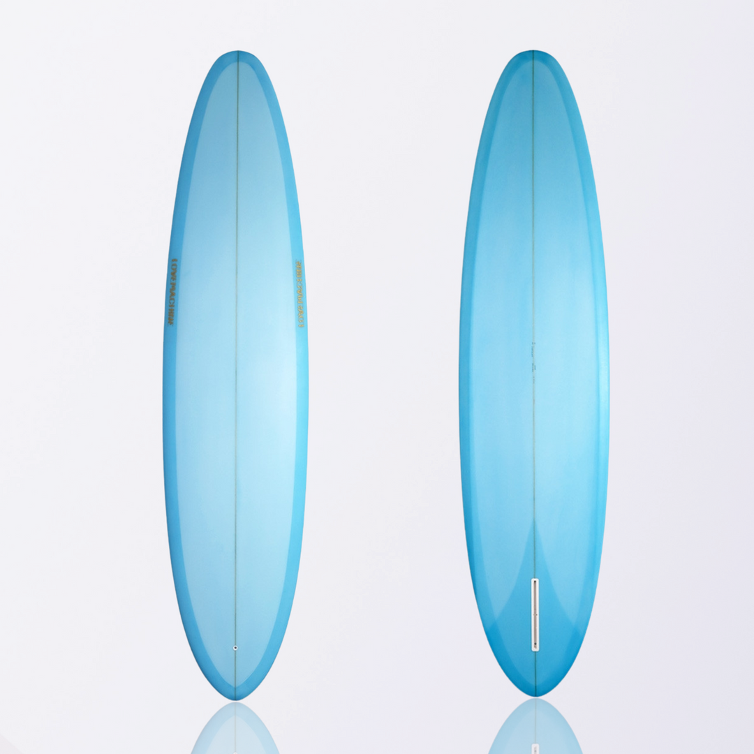Ryan Lovelace Lovemachine vBowls surfboard, full view, showing displacement hull and single fin setup.
