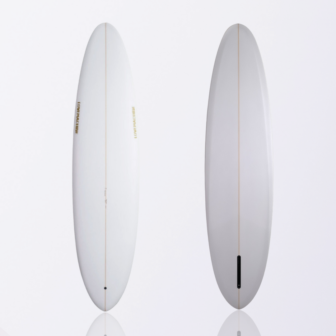 Ryan Lovelace Lovemachine vBowls surfboard, full view, showing displacement hull and single fin setup.