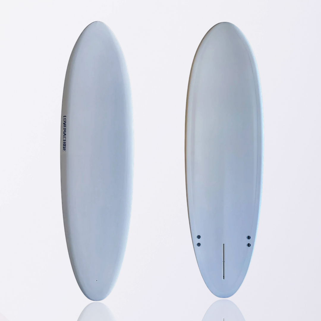 Ryan Lovelace Lovemachine Cheet stingerless EPS compact egg surfboard, full view, showing compact outline.