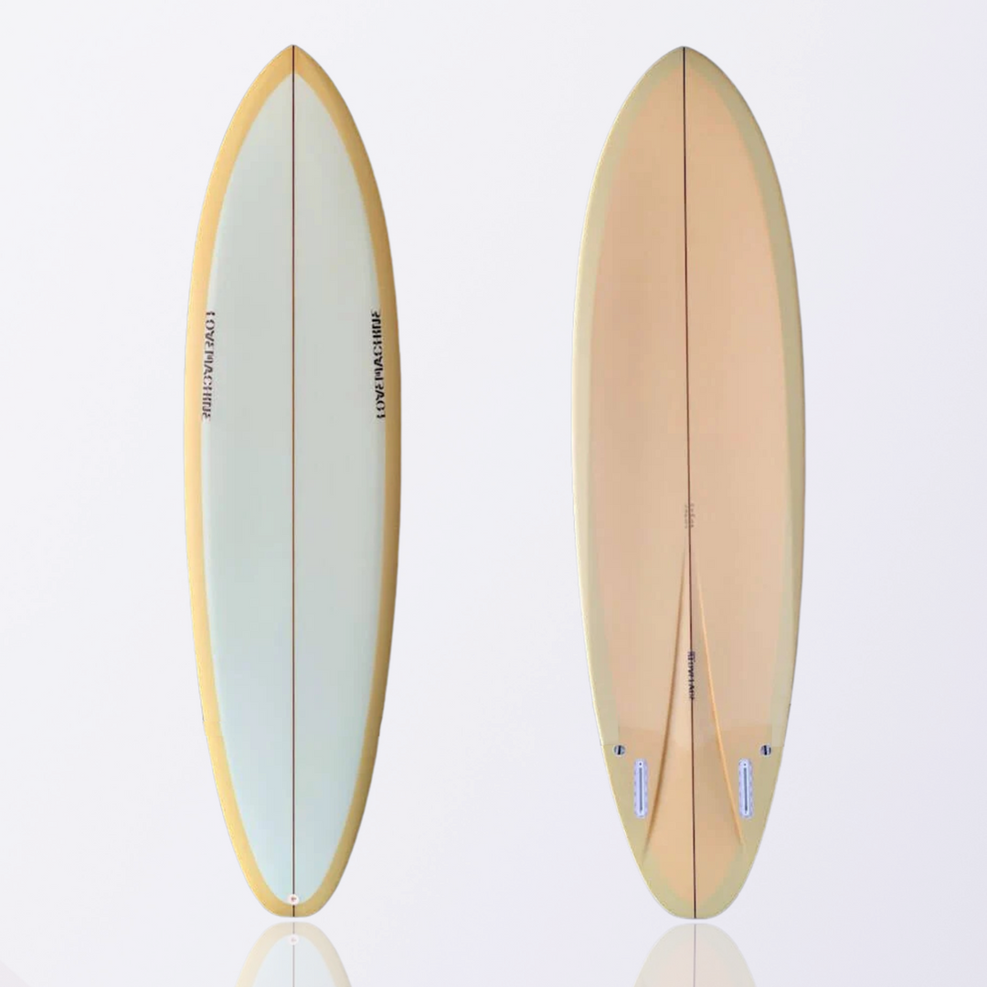 Ryan Lovelace Lovemachine FM Twinzer surfboard, full view, showing outline and design and fin placements.