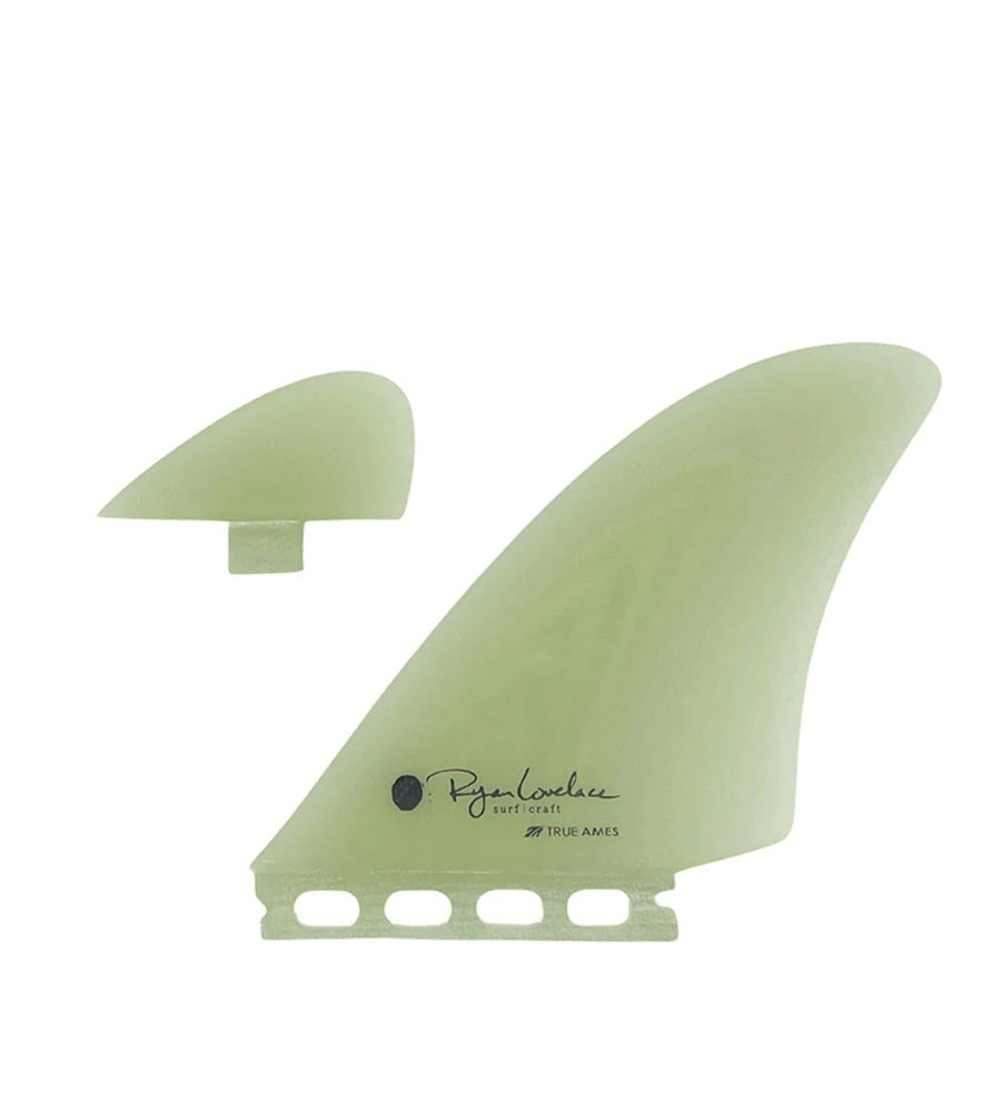 Ryan Lovelace FM Twinzer fin set, showing single foil front nubs and double 50/50 foiled twin fins.