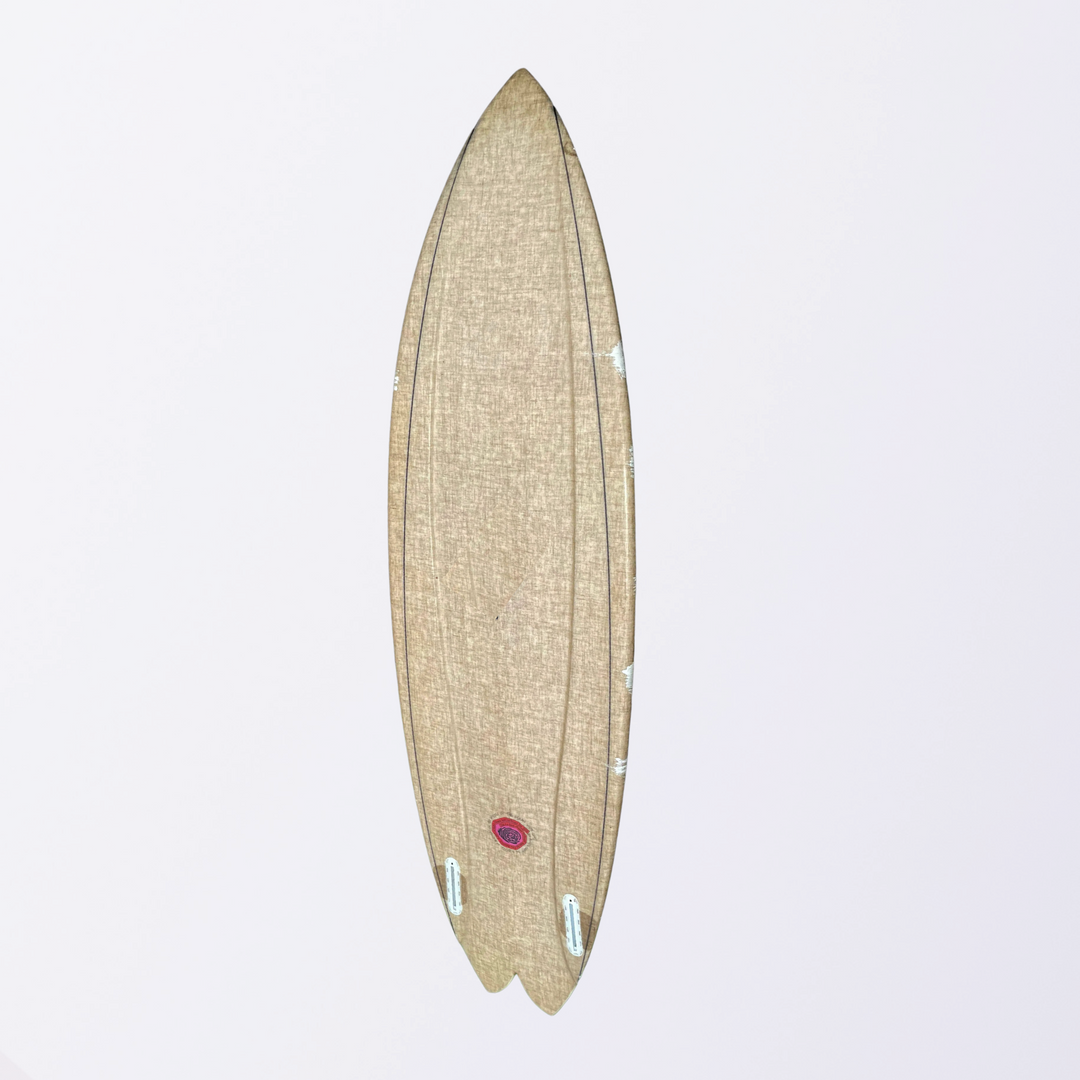 Ryan Lovelace Pedestrian Ship surfboard, stringerless EPS, flax bottom lamination, full board image.