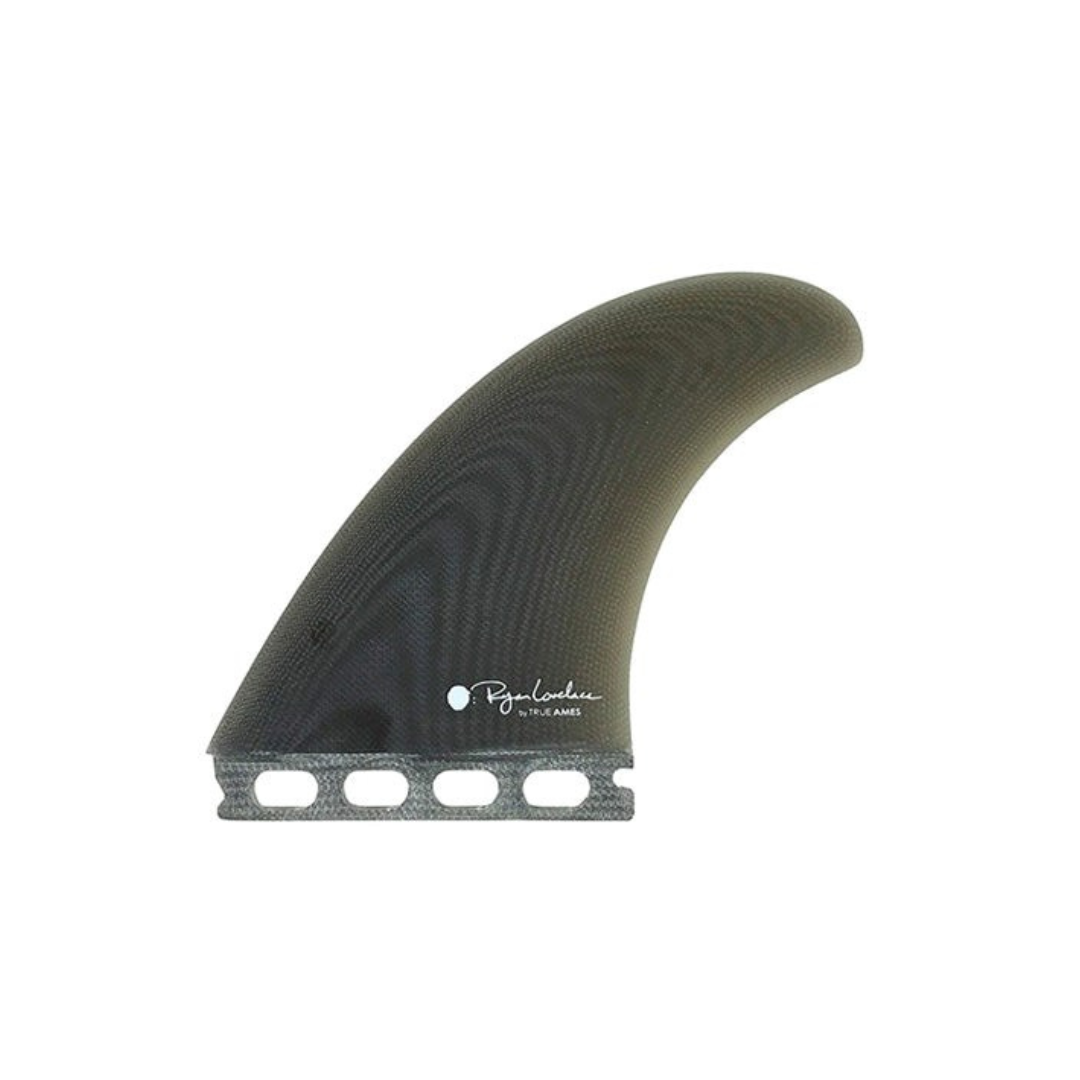 Ryan Lovelace Performance Twin Fin Set, full view, showing narrow base, upright profile, and hooked tip.