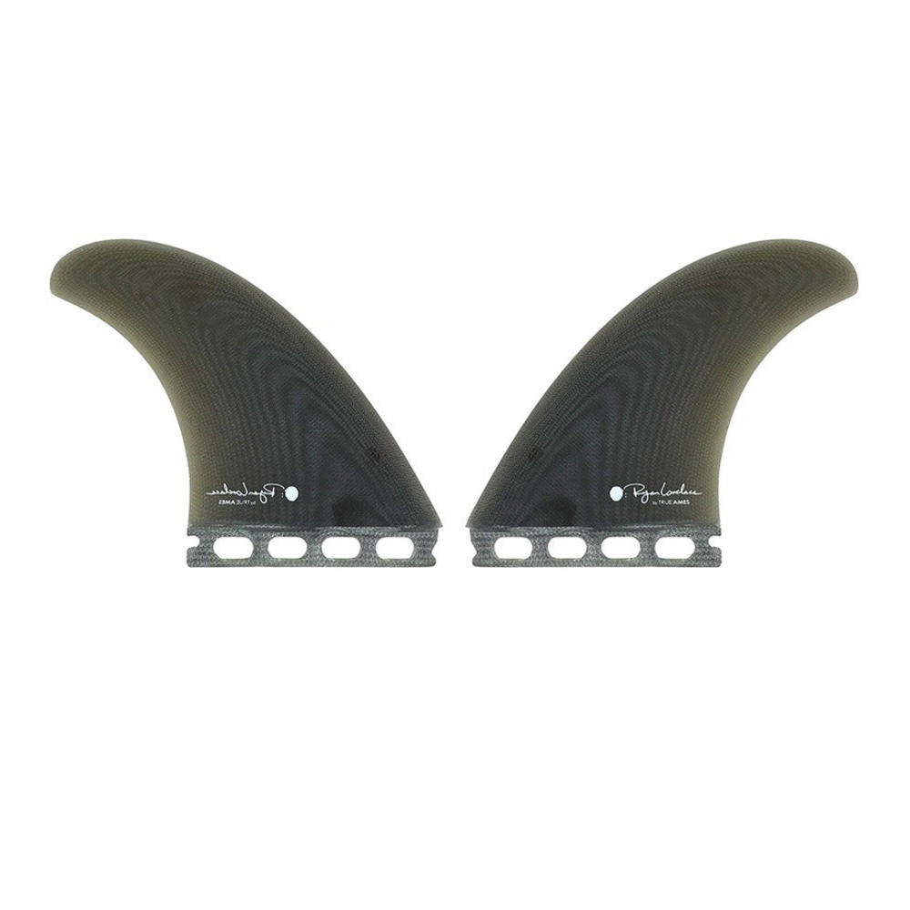 Ryan Lovelace Performance Twin Fin Set, full view, showing narrow base, upright profile, and hooked tip.