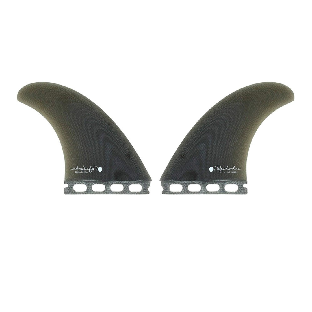 Ryan Lovelace Performance Twin Fin Set, full view, showing narrow base, upright profile, and hooked tip.